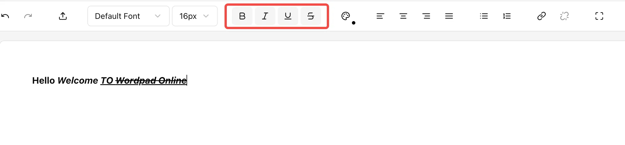 Toolbar text style buttons: Bold, Italic, Underline, Strikethrough