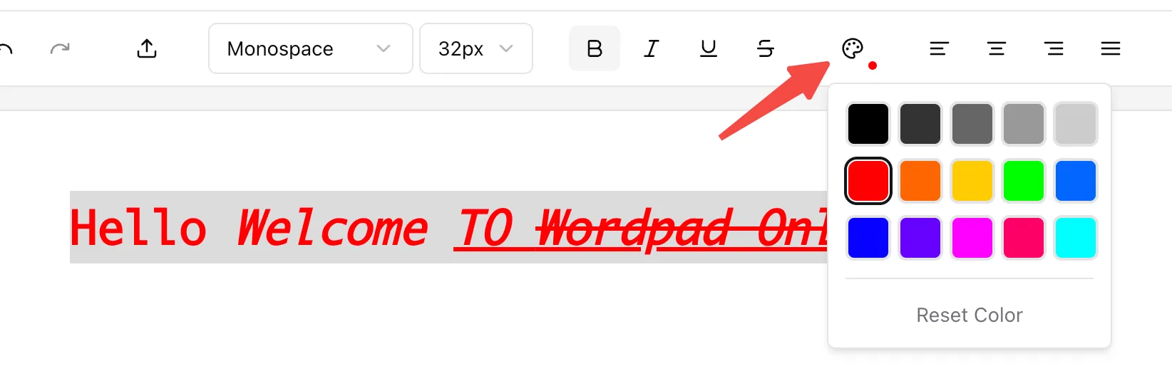 Toolbar font size selector expanded